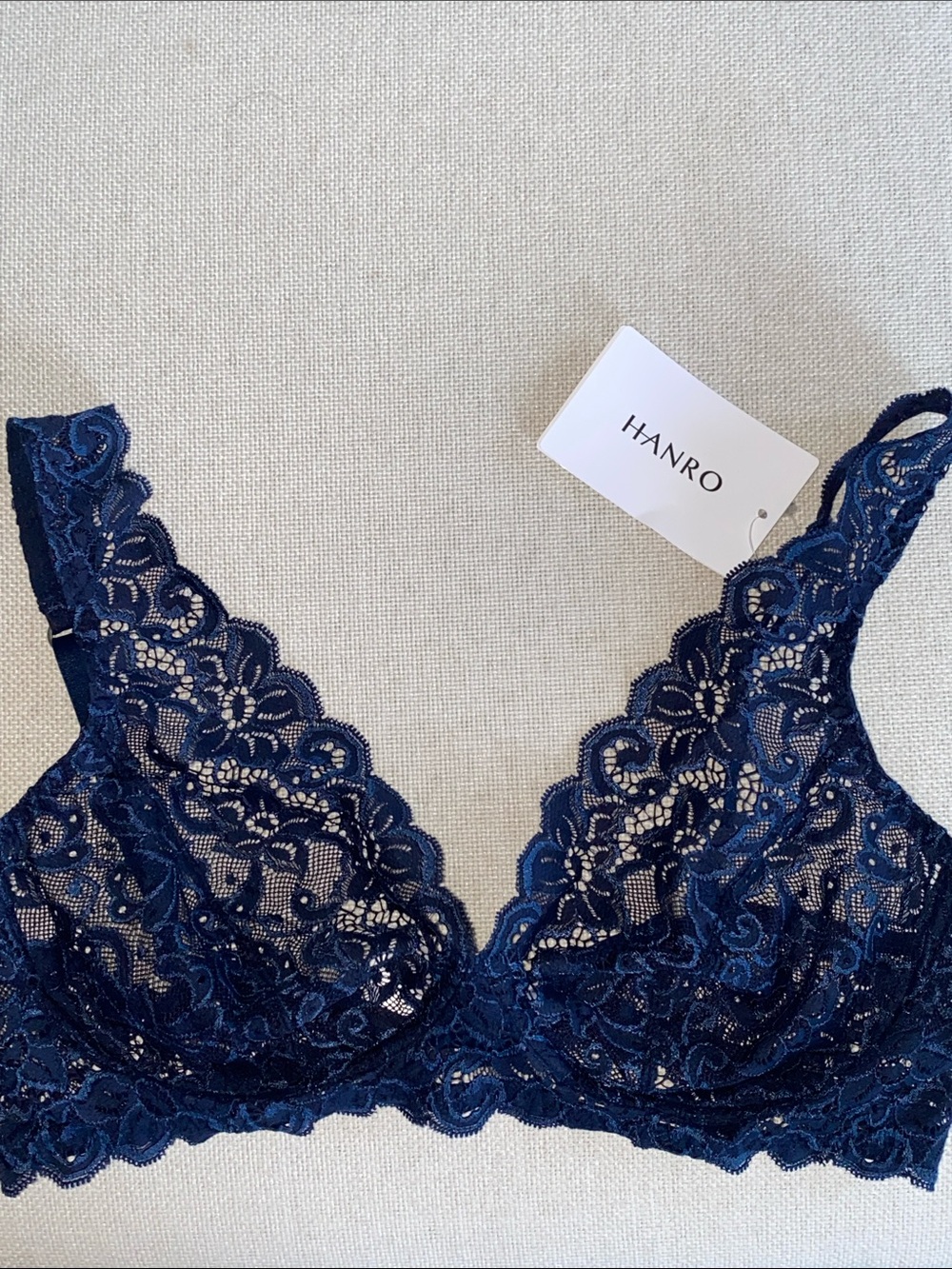 Hanro Moments Soft Cup Deep Navy Floral Lace Bralette 38A